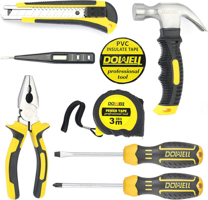 DOWELL Small Homeowner Tool Set 9 Pieces General Household Small Hand Tool Kit with Plastic Tool Box Storage Case