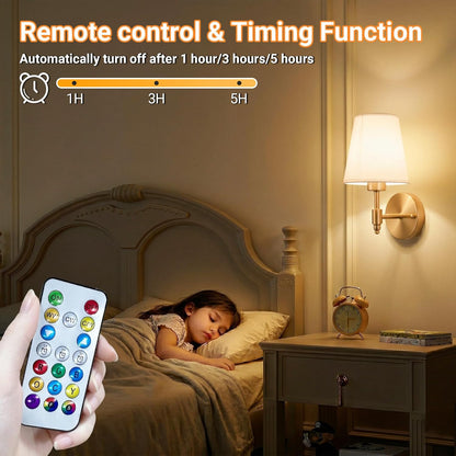 Nekhung Battery Operated Wall Sconces Set of Two, Wireless Battery Wall Light with 10000mAh RGB Dimmable Magnetic Bulb and Remote, Rechargeable Sconce Wall Decor for Bedroom Living Room Hallway