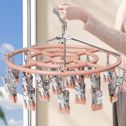 Drying Rack for Sock, Stainless Steel Sock Drying Rack with 24 Clips, Swivel Hook Windproof Hanger for Sock, Bras, Towel, Underwear, Laundry, Hat, Scarf, Pants, Gloves(Pink)