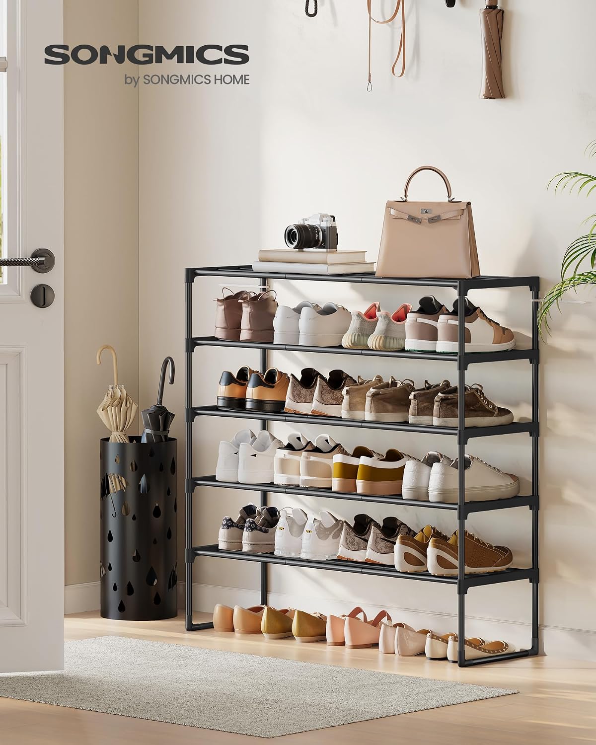 SONGMICS Shoe Rack, 6-Tier Shoe Organizer, Metal Storage Shelf, Upright or Upside Down, for 24-30 Pairs, Stackable, for Entryway, 11.8 x 36.2 x 42.7 Inches, Black ULSA306BH01