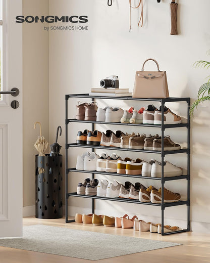 SONGMICS Shoe Rack, 6-Tier Shoe Organizer, Metal Storage Shelf, Upright or Upside Down, for 24-30 Pairs, Stackable, for Entryway, 11.8 x 36.2 x 42.7 Inches, Black ULSA306BH01