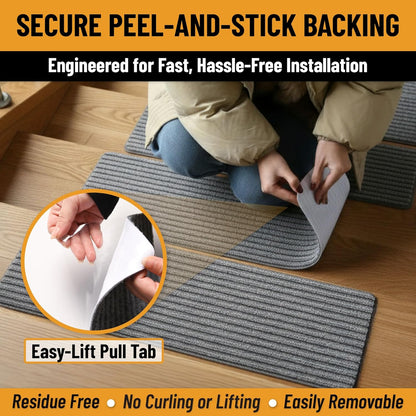 Ottomanson Non Slip Stair Treads Indoor – Peel and Stick Carpet Stair Treads for Wooden Stairs, Self Adhesive Anti Slip Stair Pads for Kids & Pets – 7.9" x 29.9", 7 Pack – Black