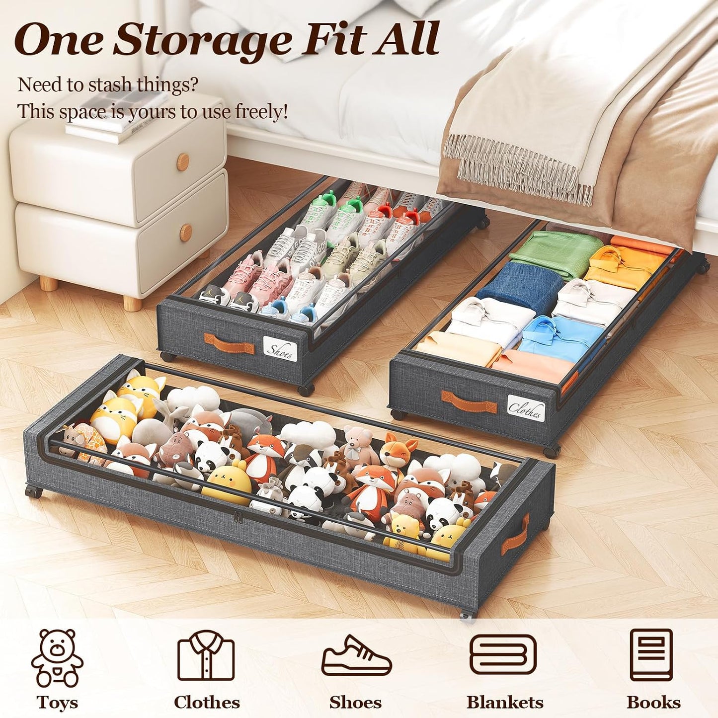 Yecaye Under Bed Storage with Wheels, 2 Pack Under Bed Storage Containers, 60L Underbed Shoe Storage with Clear Window & Label, Rolling Under Bed Metal Drawer for Clothes, Shoes, Books, Blankets