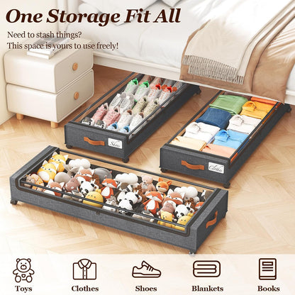 Yecaye Under Bed Storage with Wheels, 2 Pack Under Bed Storage Containers, 60L Underbed Shoe Storage with Clear Window & Label, Rolling Under Bed Metal Drawer for Clothes, Shoes, Books, Blankets