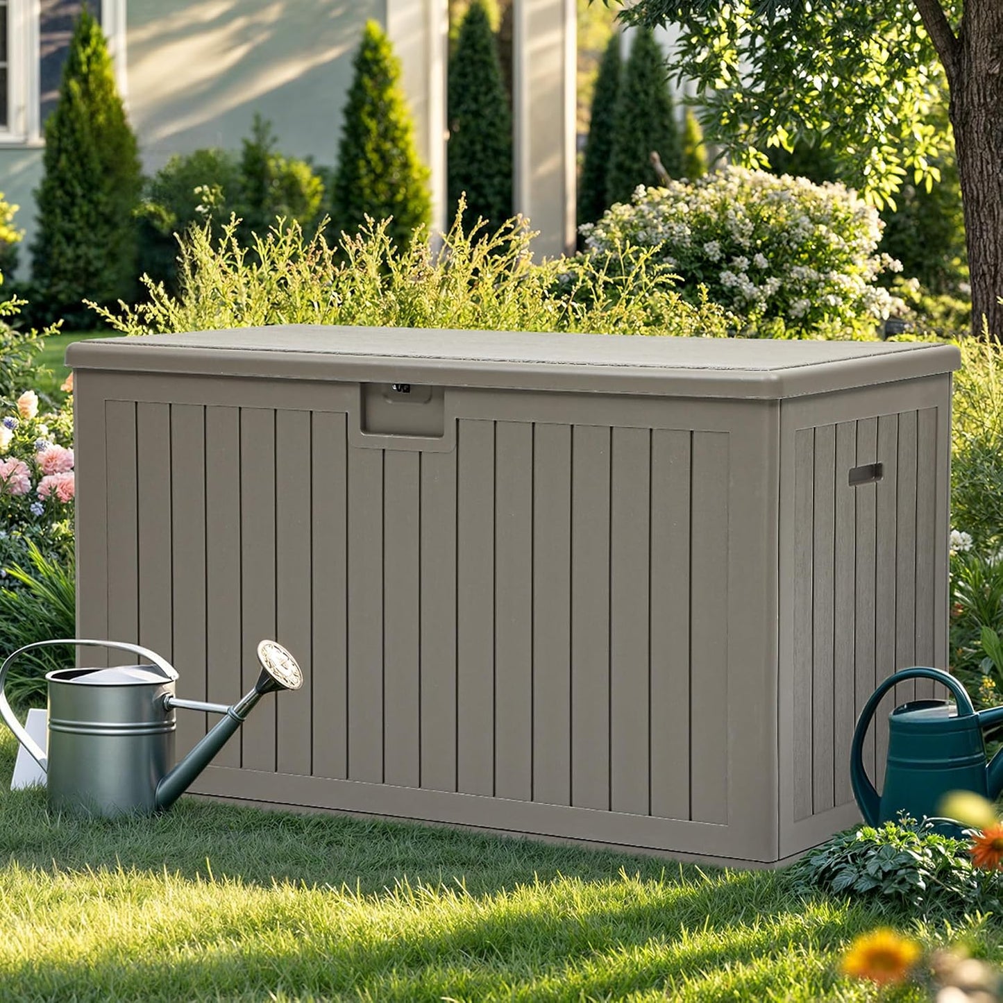 YITAHOME 95 Gallon Outdoor Storage Deck Box | Waterproof Resin Deck Box w/Handles, Lockable Outdside Deck Box for Patio Furniture, Garden Tools, Lockable & UV