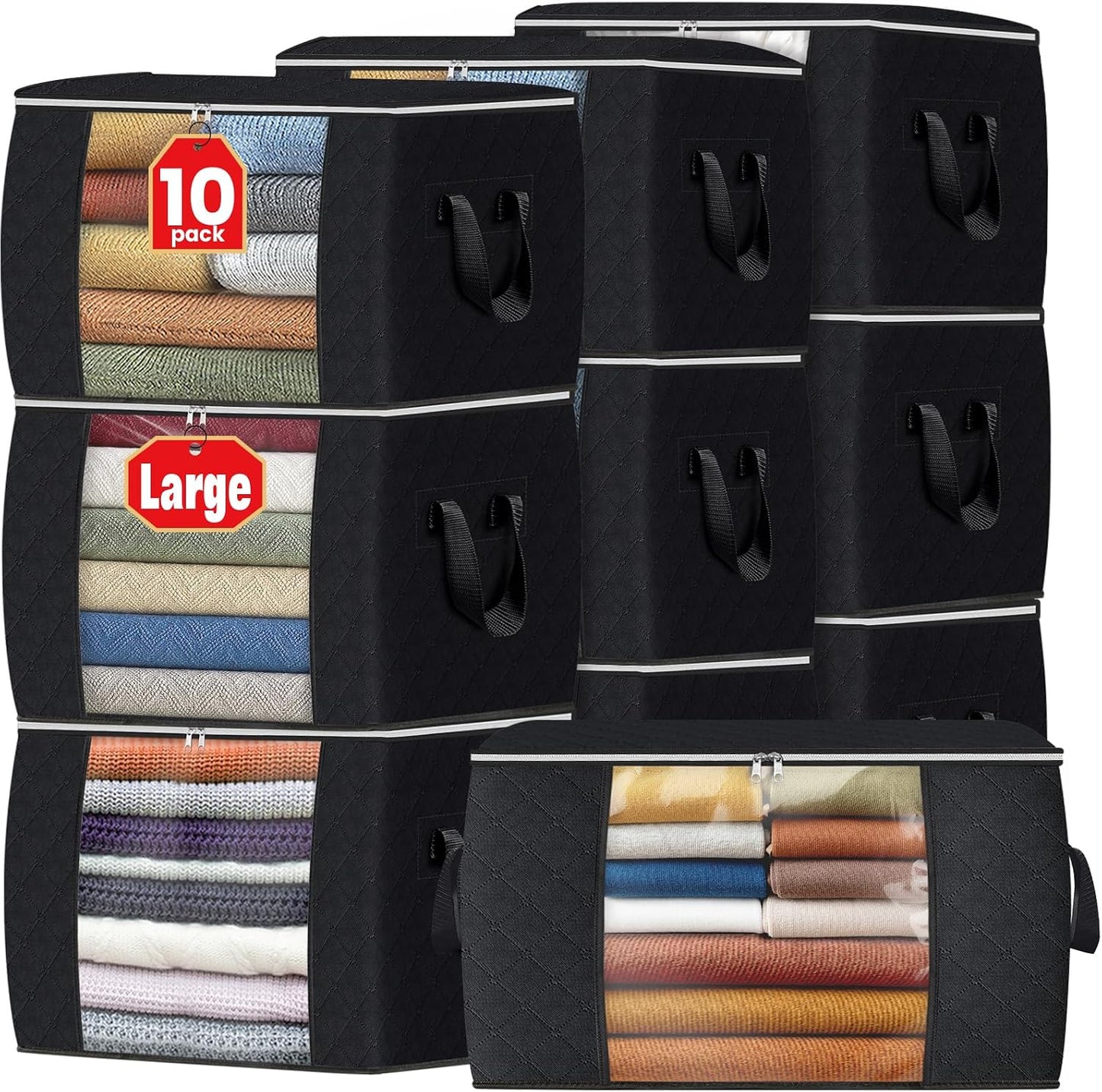 Fab totes 6 Pack Storage Bags for Clothes and Blanket, Foldable Closet Organizers and Storage with Zippers, Clear Window and Handles, Fabric Storage Bins for Sweater, Comforter, Bedding,Linen Sheets