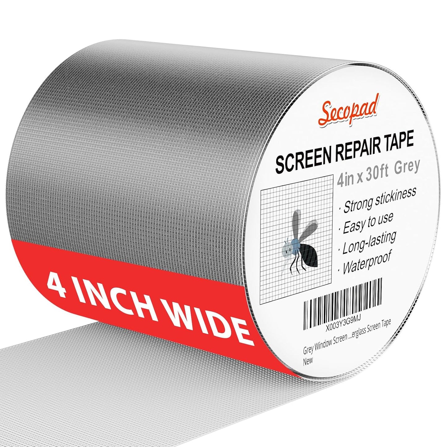 Secopad Grey Window Screen Repair Kit, 4 in X 30 FT (360IN) Screen Repair Tape for Windows or Doors, Strong Adhesive Fiberglass Mesh Patch Tape