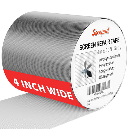 Secopad Grey Window Screen Repair Kit, 4 in X 30 FT (360IN) Screen Repair Tape for Windows or Doors, Strong Adhesive Fiberglass Mesh Patch Tape