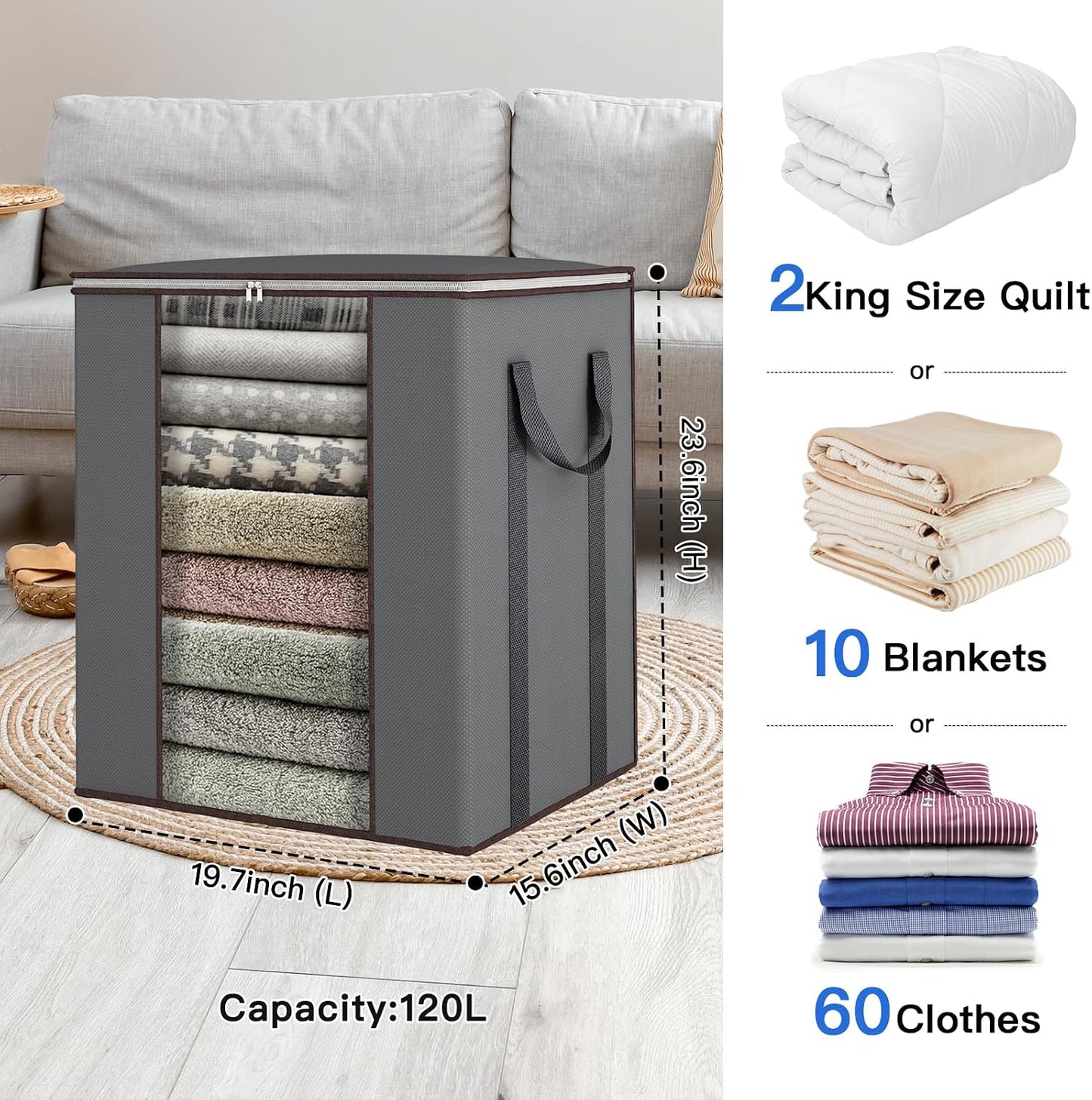 Fixwal Extra Large Blanket Storage Bags 120L Comforter Storage Bags with Reinforced Handles Breathable Clothes Storage Containers for King Comforter Bedding Pillow Sheet Grey