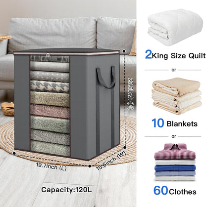 Fixwal Extra Large Blanket Storage Bags 120L Comforter Storage Bags with Reinforced Handles Breathable Clothes Storage Containers for King Comforter Bedding Pillow Sheet Grey