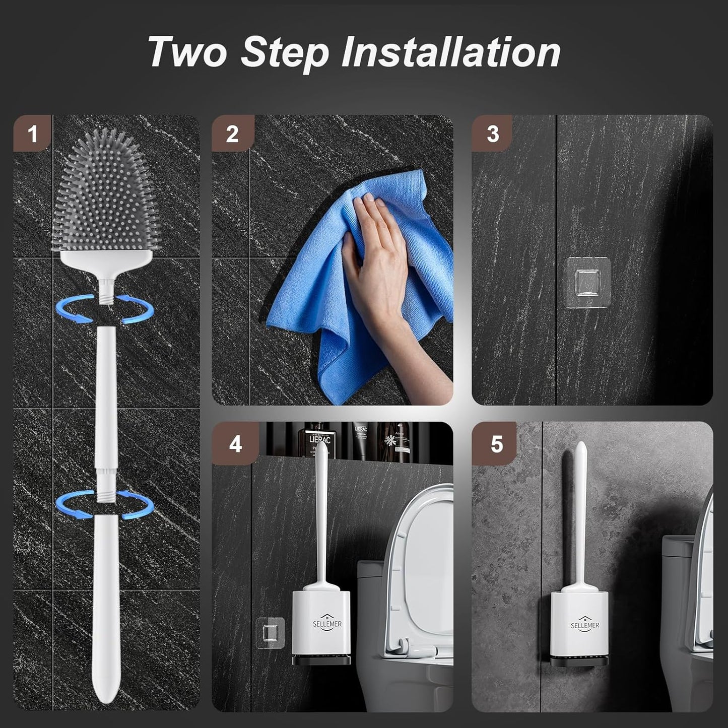 Sellemer Toilet Brush and Holder Set - Flexible Toilet Bowl Brush Head with Silicone Bristles, Compact Size for Storage and Organization, Ventilation Slots Base (1 Pack, Silver)