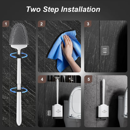 Sellemer Toilet Brush and Holder Set - Flexible Toilet Bowl Brush Head with Silicone Bristles, Compact Size for Storage and Organization, Ventilation Slots Base (1 Pack, Silver)