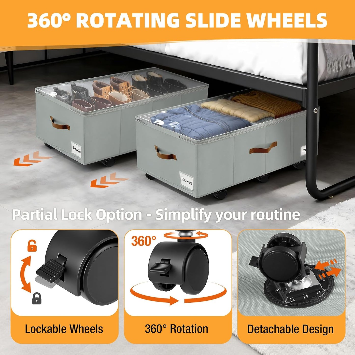 Under Bed Storage with Wheels,Underbed Storage with Sturdy Sidewalls/Bottom, Clear Cover, Label and PU Handle, Rolling Under Bed Drawers for Clothes, Shoes, 6.5 Inch Height,Black, 2 Pack