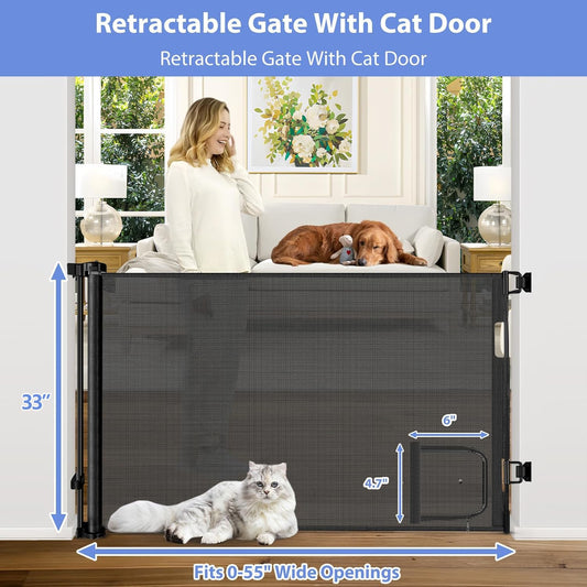 Retractable Baby Gate with Cat Door 55" Wide Retractable Baby Gate for Stairs Mesh Baby Gate with Pet Door Retractable Dog Gate for The House Retractable Pet Gate with Door Safety Gates for Toddlers