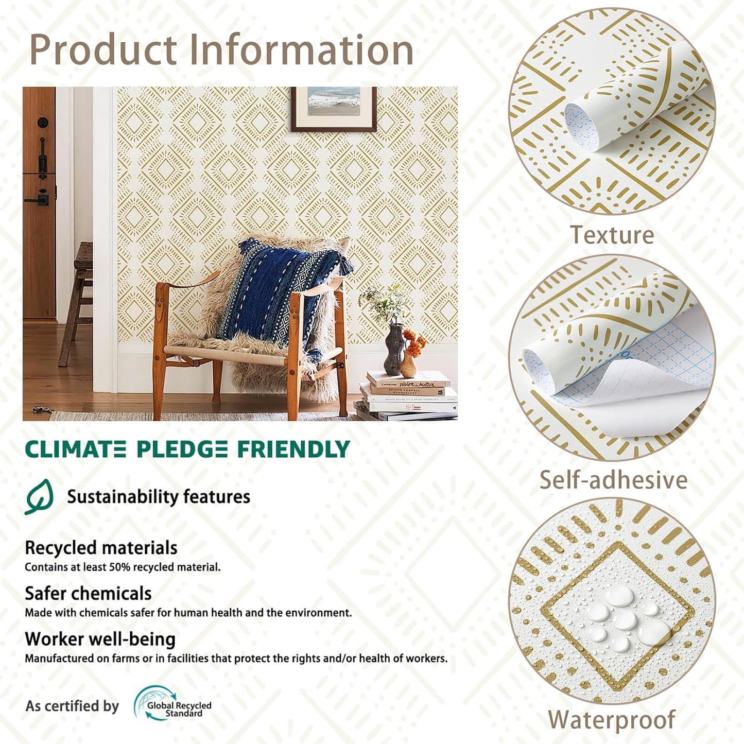 Heroad Boho Peel and Stick Wallpaper Beige Renter Friendly Wall Paper Peel and Stick Modern Contact Paper Neutral Geometric Wallpaper for Bedroom Bathroom Cabinets Decor Vinyl Waterproof 17.3"x78.7"