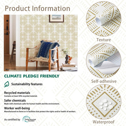 Heroad Boho Peel and Stick Wallpaper Beige Renter Friendly Wall Paper Peel and Stick Modern Contact Paper Neutral Geometric Wallpaper for Bedroom Bathroom Cabinets Decor Vinyl Waterproof 17.3"x78.7"