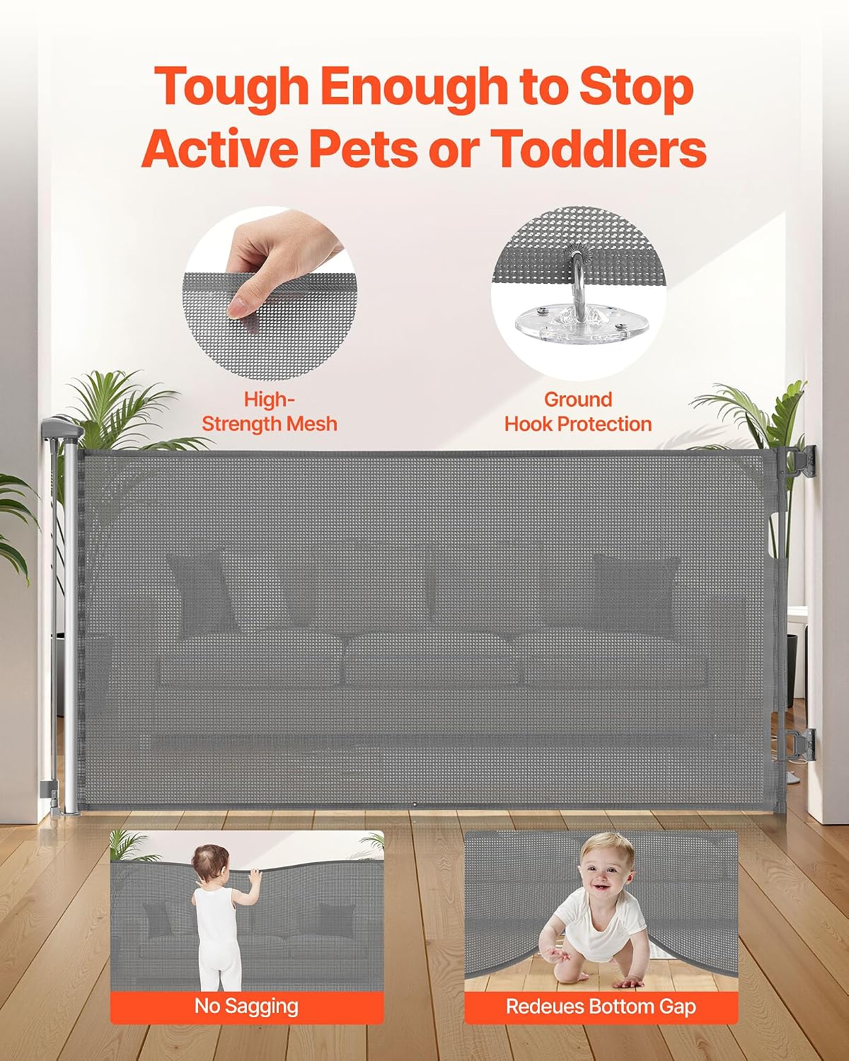 VEVOR Retractable Baby Gate, Extends to 202.7 inch Extra Wide, 39 inch Tall, with Reinforced Fiberglass Strips, Avoids Crawling Through, Mesh Dog Gate for Decks, Doorways, Garages, Indoor, Black