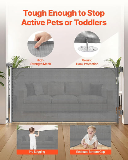 VEVOR Retractable Baby Gate, Extends to 202.7 inch Extra Wide, 39 inch Tall, with Reinforced Fiberglass Strips, Avoids Crawling Through, Mesh Dog Gate for Decks, Doorways, Garages, Indoor, Black