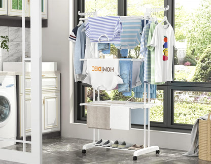 HOMIDEC Clothes Drying Rack, Oversized 4-Tier(67.7" High) Foldable Stainless Steel Drying Rack Clothing, Movable Drying Rack with 4 castors, 24 Drying Poles and 14 Hooks for Bed Linen, Clothing, Grey