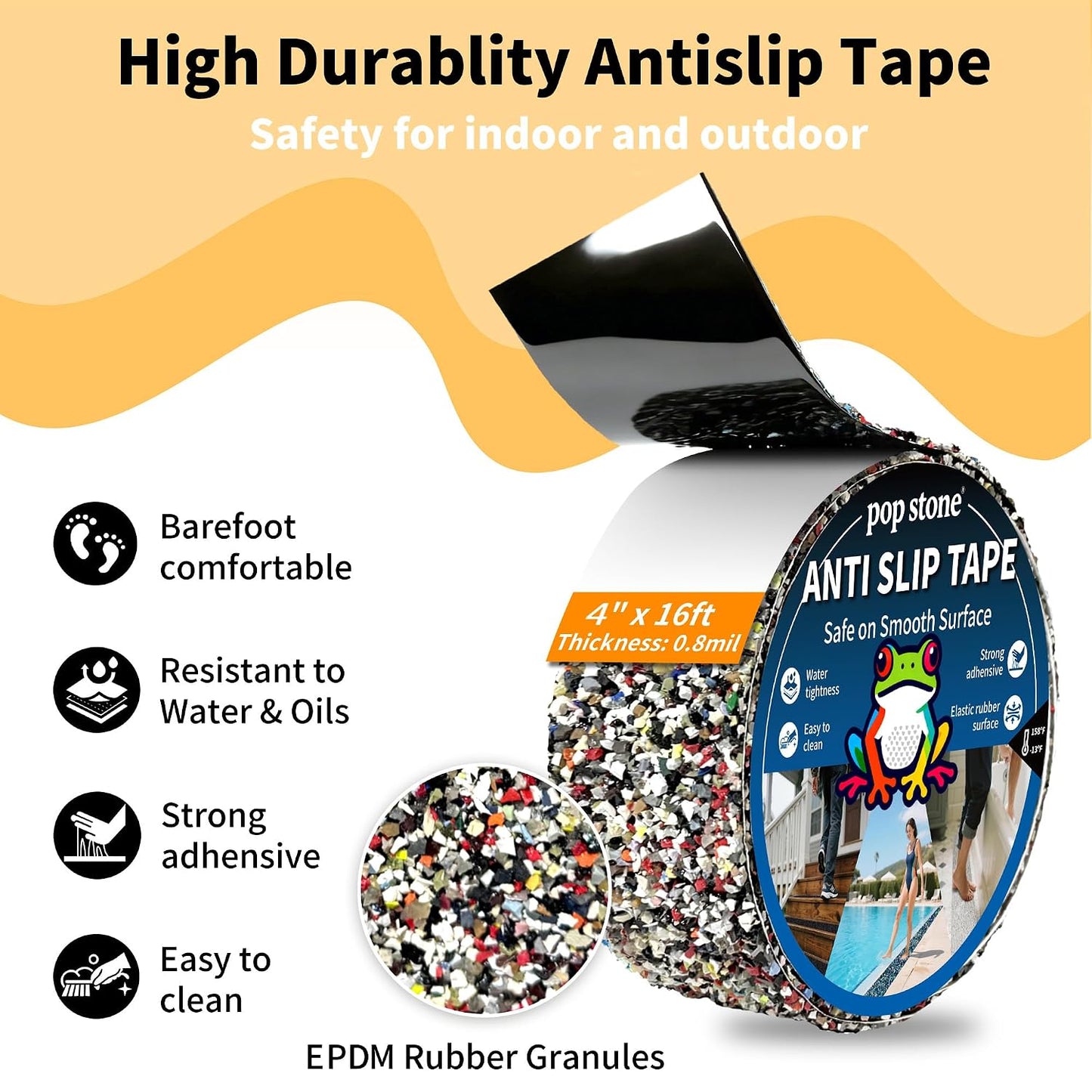 Waterproof Anti-Slip Traction Tape | 2" x16.5 FT | Heavy-Duty EPDM Rubber, Strong Grip & Barefoot Gentle | Indoor & Outdoor Solution: Poolside, Bath, Ramps, Stairs, Board Steps