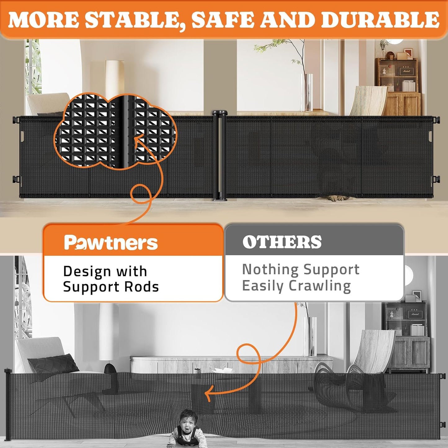 Pawtners Retractable Baby Gates Extra Wide, 41" Tall Extends up to 71" Wide, Dog Gate Indoor for Stairs, Pet Gate with Support Rods for Doorways Hallways Indoor & Outdoor-Black