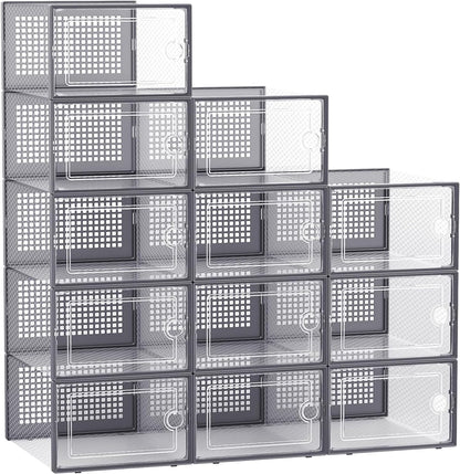 Kuject 12 Pack Large Shoe Boxes, Clear Stackable Containers with Lids,Black | Shoe organizers for closet & entryway, under-bed,Drop-front design fits women's size 10