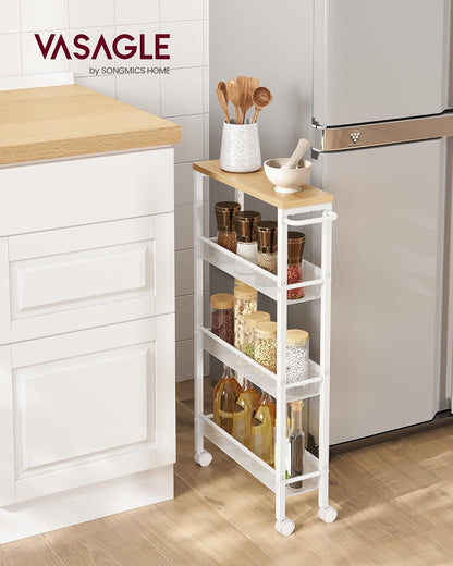 VASAGLE Slim Rolling Cart, 4-Tier Narrow Storage Cart with Handle, 5.1 Inches Deep, Metal Frame, for Kitchen, Dining Room, Living Room, Home Office, Rustic Brown and Classic Black ULRC032B01V1