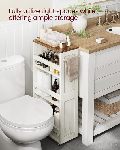 VASAGLE 4-Tier Slide-Out Storage Cart, Slim Kitchen Cart for Small Spaces, with Wheels, Handle, Bathroom, Laundry Room, 5.9 x 17 x 34.1 Inches, Rustic White and Honey Brown ULRC050K01