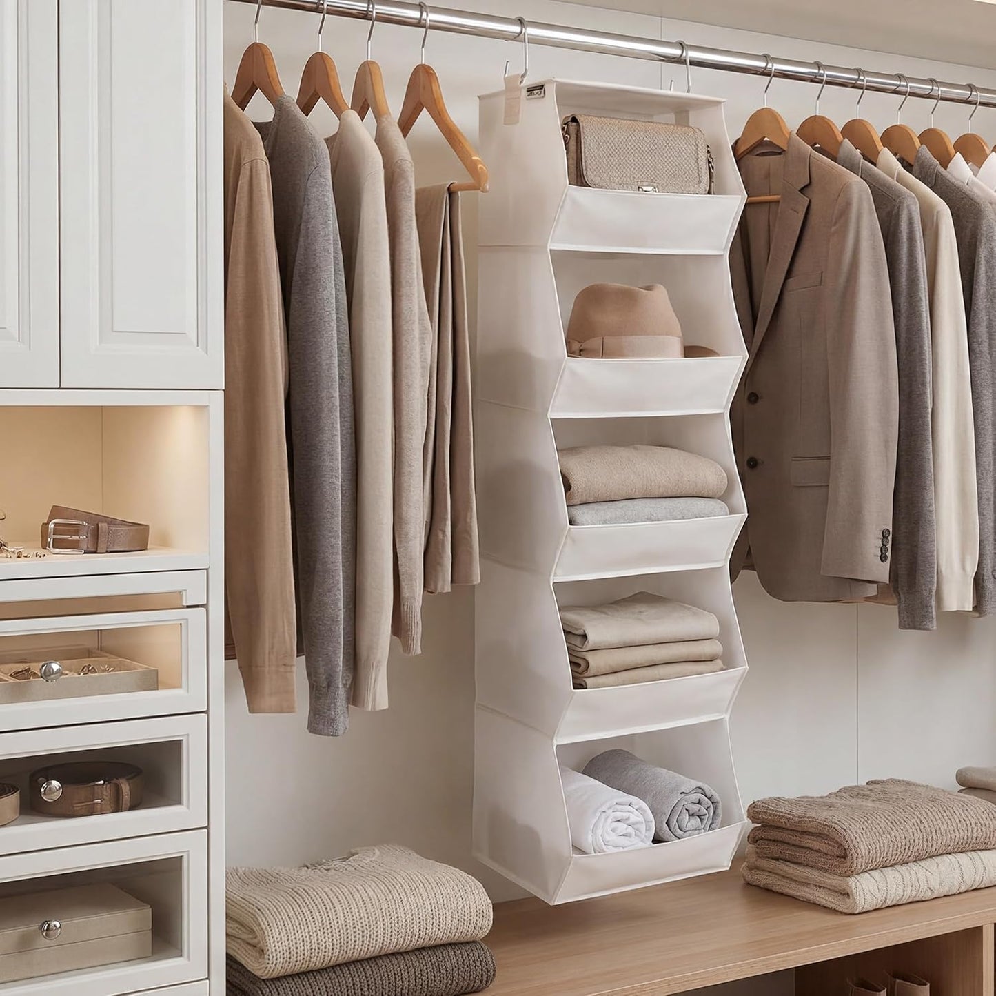 StorageWorks Basics Hanging Closet Organizer, 4-Shelf Wide Trapezoid Closet Shelves with Reinforced Anti-Sagging Support for Sweaters, Hoodies and Handbags, Foldable Storage Organizer, Beige