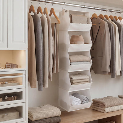 StorageWorks Basics Hanging Closet Organizer, 4-Shelf Wide Trapezoid Closet Shelves with Reinforced Anti-Sagging Support for Sweaters, Hoodies and Handbags, Foldable Storage Organizer, Beige