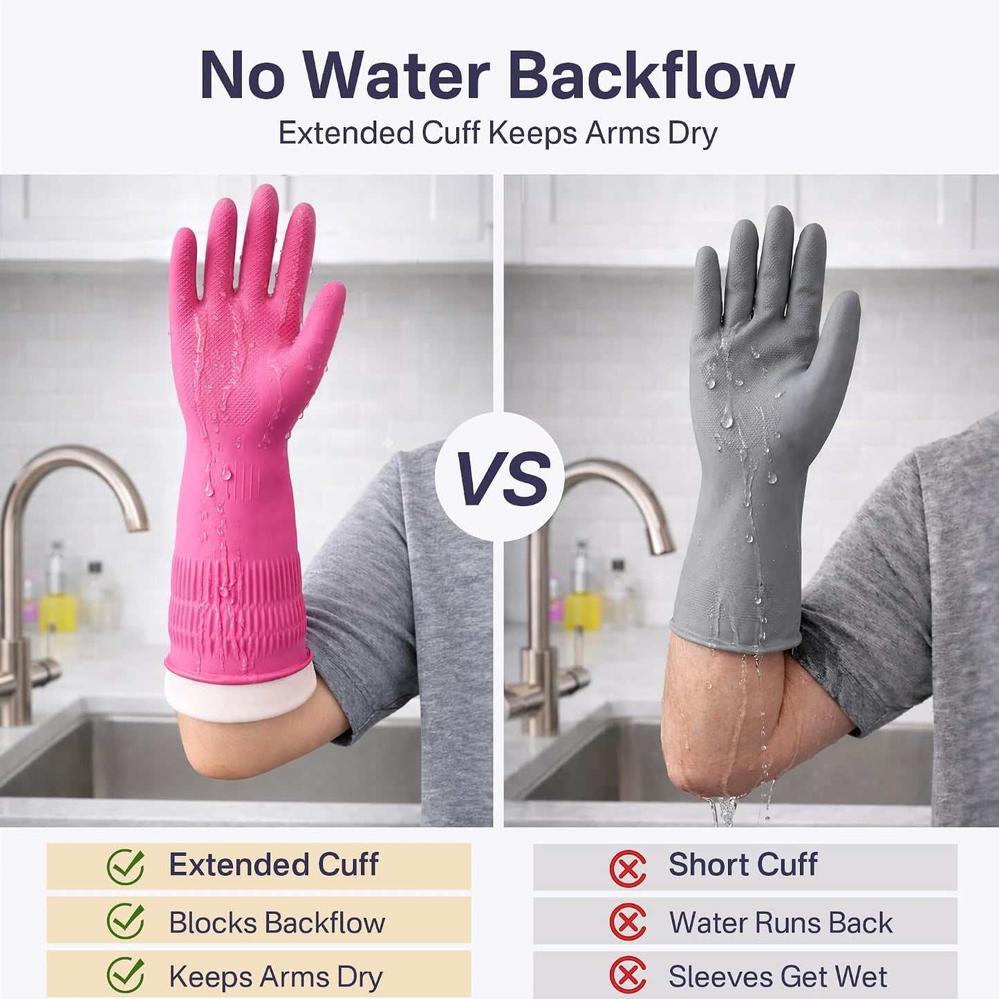 Rubber Dishwashing Gloves, 3 Pairs, Reusable Cleaning Dish Gloves for Kitchen, Non-Slip, Waterproof Dish Washing, Long Cuff for Woman (Red+Pink+Green, Small)