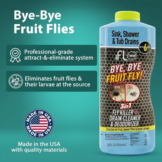 iFLO Bye Bye Fruit Fly Eliminator & Drain Cleaner – Mint Scent – Attracts & Eliminates Fruit Flies, Their Larvae, Drain Flies & Sewer Flies – Safe for Sink, Bathroom & Food Areas - 32oz