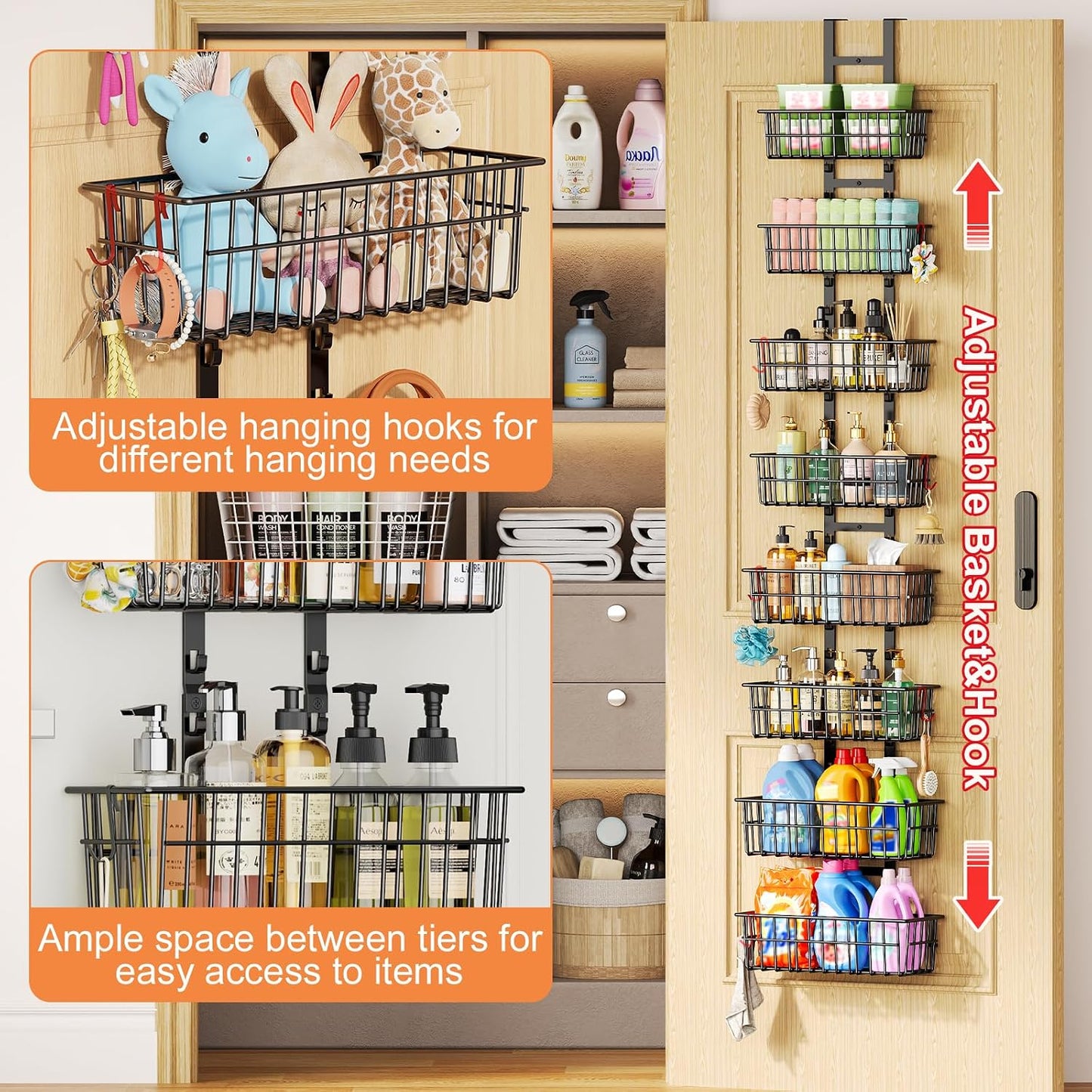 Hongtamoya Over The Door Organizer, Hanging Door Organizer with 5 Metal Baskets, Behind The Door Storage for Pantry Closet Bedroom Bathroom Cabinet Kitchen, White