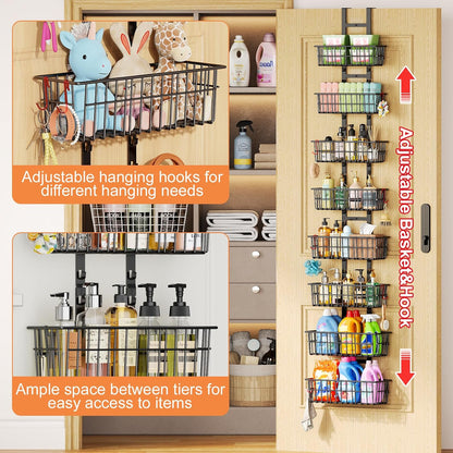Hongtamoya Over The Door Organizer, Hanging Door Organizer with 5 Metal Baskets, Behind The Door Storage for Pantry Closet Bedroom Bathroom Cabinet Kitchen, White