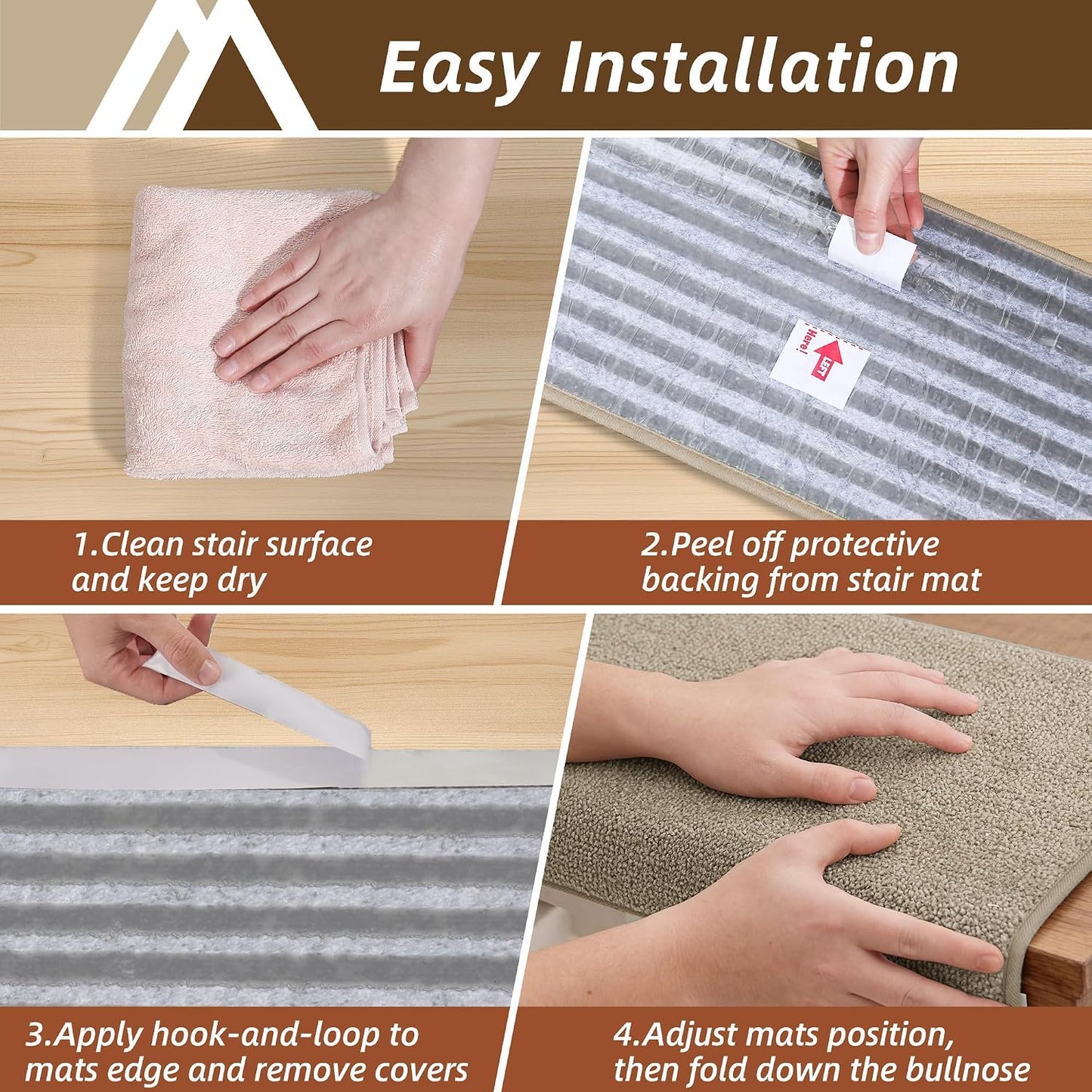 COSY HOMEER Bullnose Carpet Stair Treads, Peel and Stick Non-Slip Stair Treads for Wooden Steps, 11" x 30" Indoor Stair-Runner Rugs (4Pc, Gray)