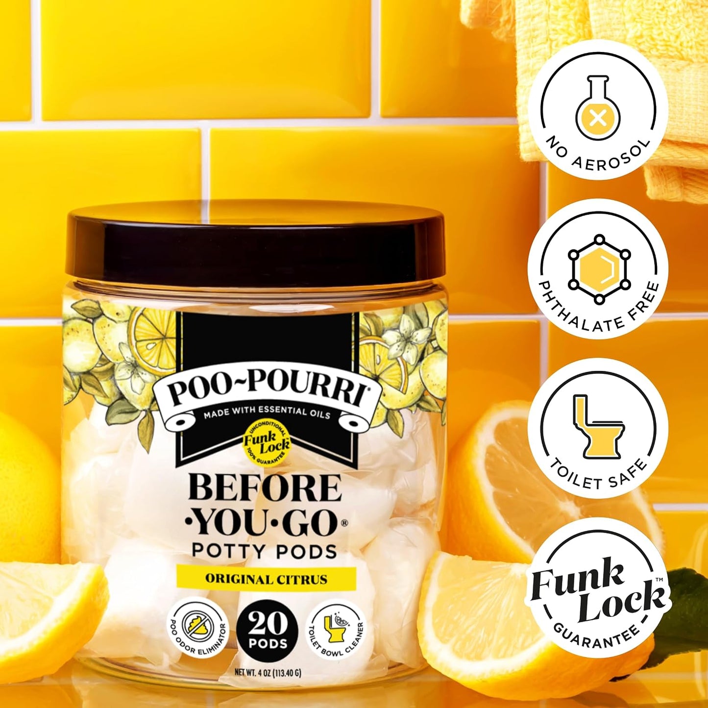 Poo-Pourri Before-You-Go 2-in-1 Toilet Potty Pods, Original Citrus, 5 Ct, Bathroom Odor Deodorizer and Toilet Cleaner with Essential Oils, Lemon, Bergamot and Lemongrass Scent (Pack of 4)