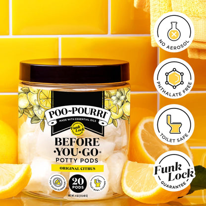 Poo-Pourri Before-You-Go 2-in-1 Toilet Potty Pods, Original Citrus, 5 Ct, Bathroom Odor Deodorizer and Toilet Cleaner with Essential Oils, Lemon, Bergamot and Lemongrass Scent (Pack of 4)