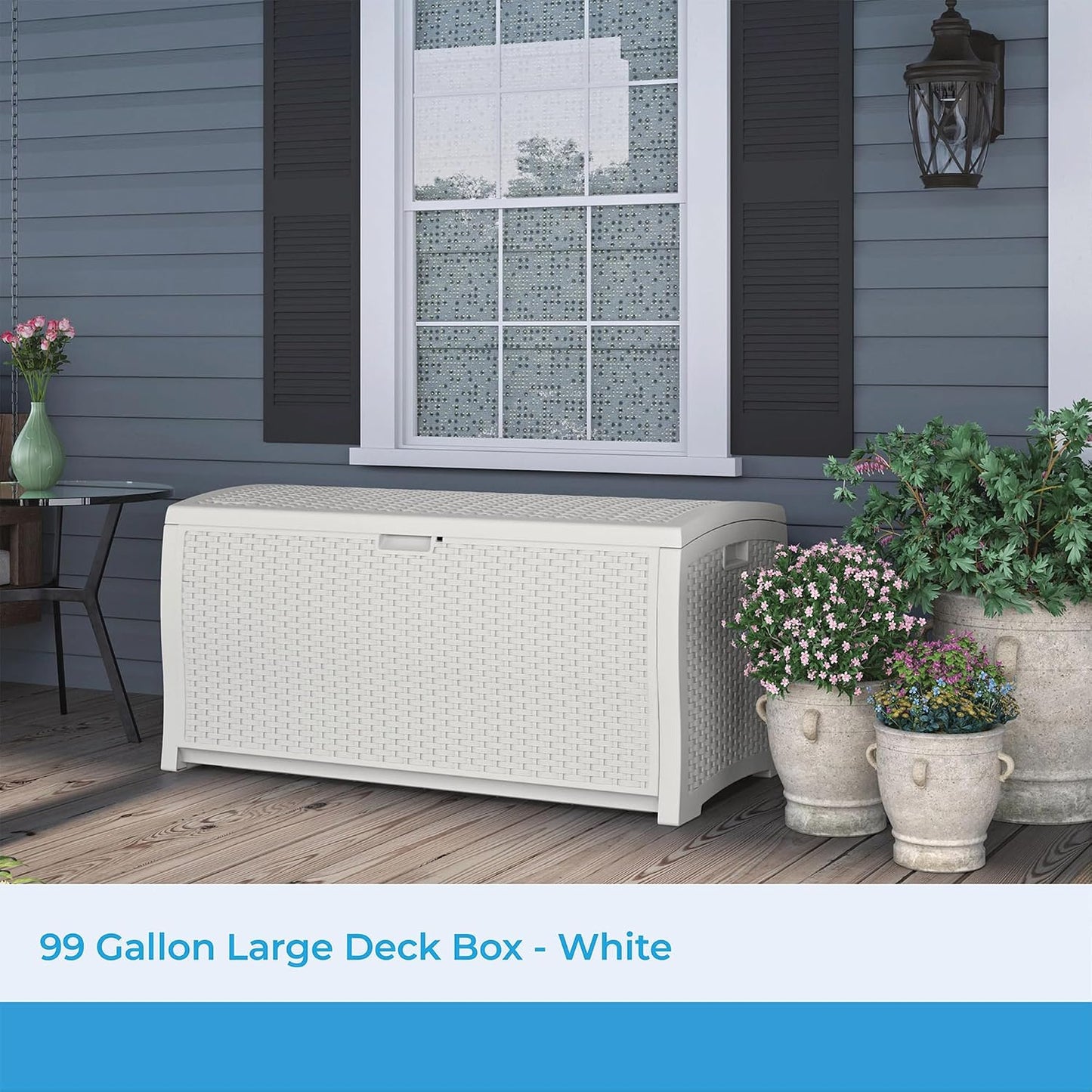 Suncast DBW9200 99 Gallon Outdoor Wicker resin Patio Storage Chest Bin with Handles for Patio, Garden, Garage, or Pool for All Weather, Mocha