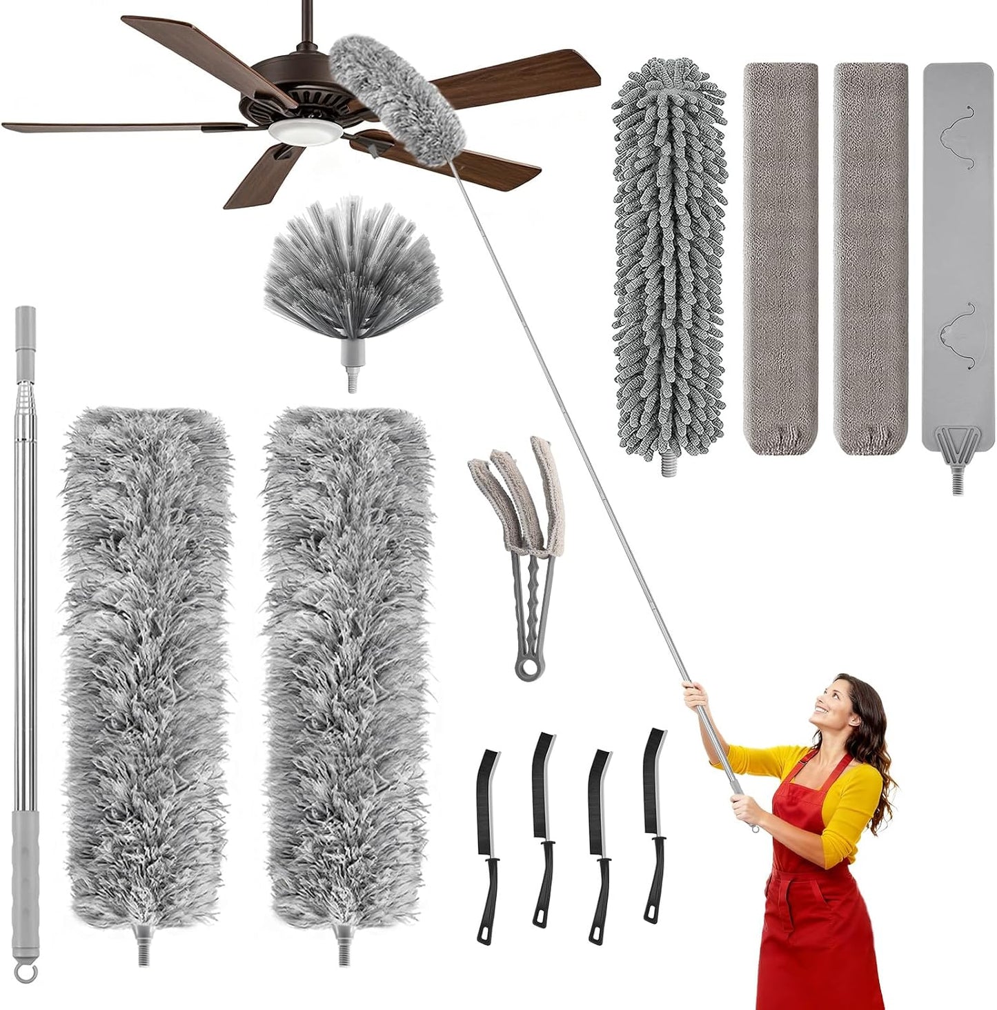 100-inch Duster with Extension Pole, 9-in-1 Cobweb Duster Kit Includes Spider Web Brush & Flat Gap Cleaner for High Ceiling, Fan, Under Appliances, Car, Home Deep Cleaning