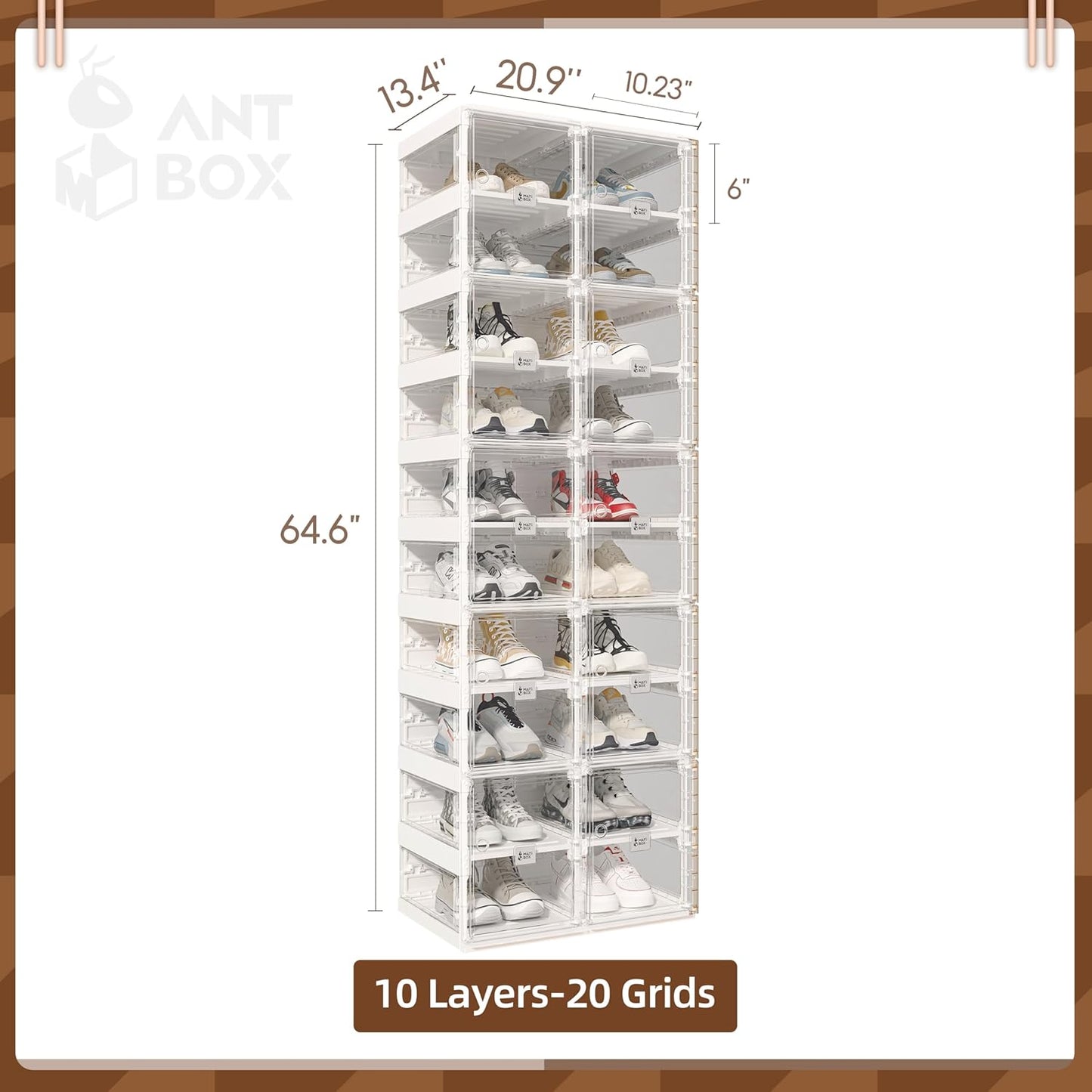 ANTBOX Collapsible Shoe Boxes Clear Plastic Stackable, Quick Setup Drop Front Shoe Organizer, Display Storage Cabinet for Sneakers10 Tiers 20 Pairs