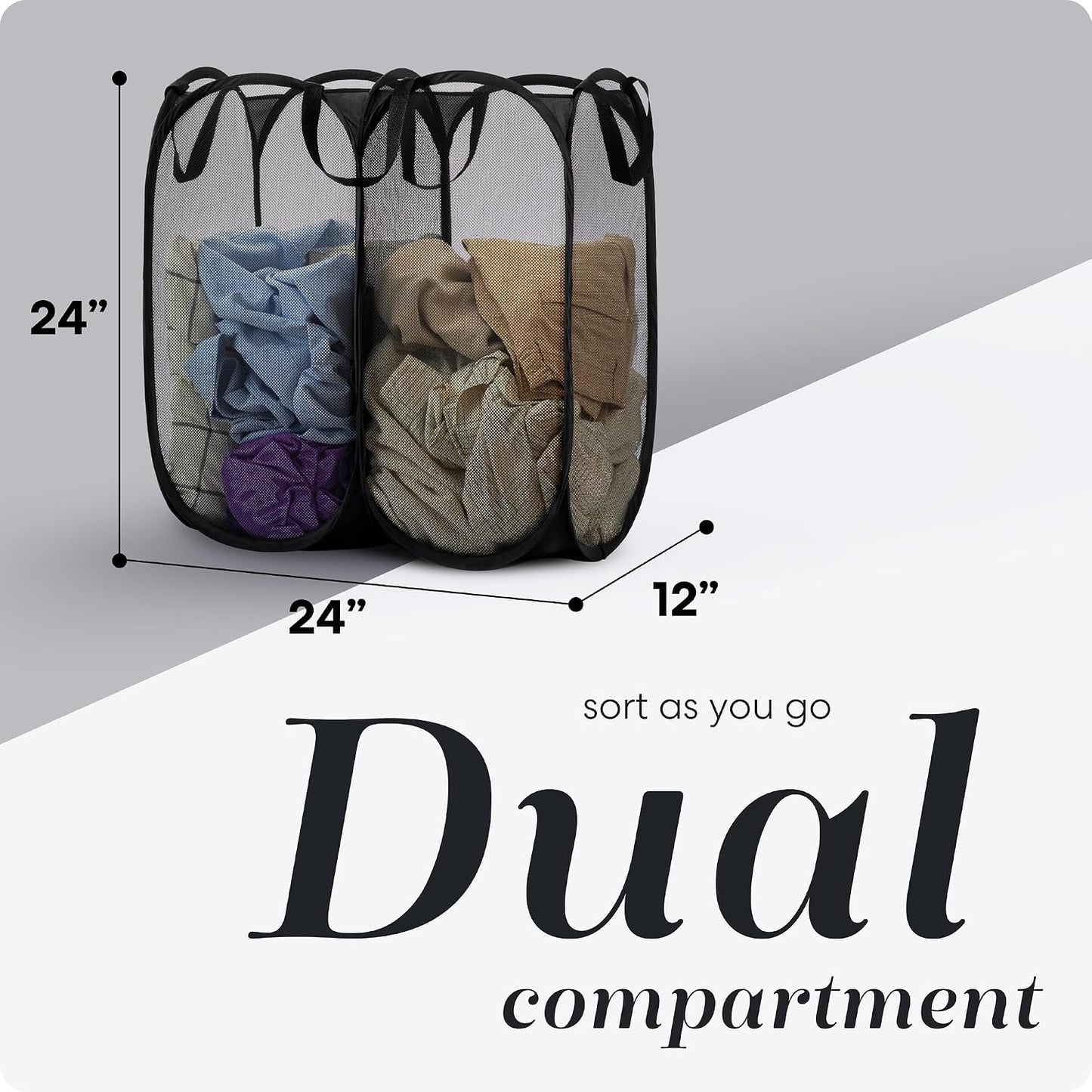Handy Laundry Double Pop Up Hamper, 2 Section Mesh Basket, Black | Collapsible Laundry Basket, 44 Gal Foldable Divided Sorter, Reinforced Handles, Dual Compartment for Dorm, Travel, Apartment