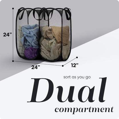 Handy Laundry Double Pop Up Hamper, 2 Section Mesh Basket, Black | Collapsible Laundry Basket, 44 Gal Foldable Divided Sorter, Reinforced Handles, Dual Compartment for Dorm, Travel, Apartment