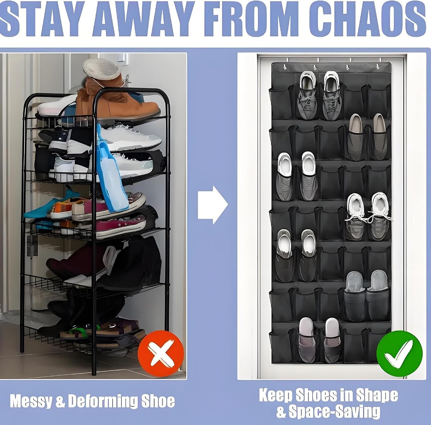 Meolsaek Over Door Shoe Organizer with 24 Breathable Mesh Pockets, Shoe Holder for Door with 4 Metal Hooks, Back of Door Shoe Organizer for Closet, Bedroom, Bathroom, Pantry (Grey - 24)