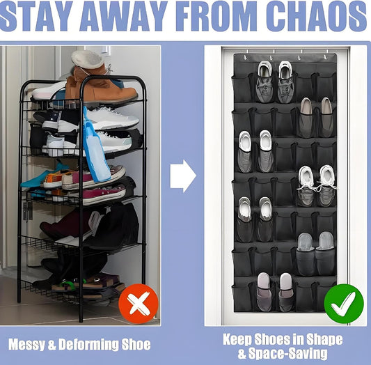 Meolsaek Over Door Shoe Organizer with 24 Breathable Mesh Pockets, Shoe Holder for Door with 4 Metal Hooks, Back of Door Shoe Organizer for Closet, Bedroom, Bathroom, Pantry (Grey - 24)