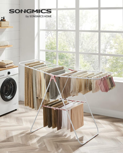 SONGMICS Clothes Drying Rack, with Sock Clips, Metal Laundry Rack, Foldable, Space-Saving, Free-Standing Airer, with 2 Height-Adjustable Gullwings, Indoor Outdoor Use, Gray ULLR052G01