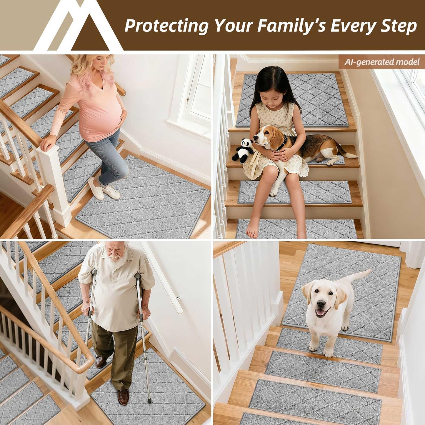 COSY HOMEER Edging Stair Treads Non-Slip Carpet Mat 28inX9in Indoor Stair Runners for Wooden Steps, Edging Stair Rugs for Kids and Dogs, 100% Polyester TPE Backing(4pc, Beige)