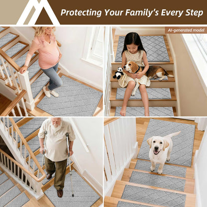 COSY HOMEER Edging Stair Treads Non-Slip Carpet Mat 28inX9in Indoor Stair Runners for Wooden Steps, Edging Stair Rugs for Kids and Dogs, 100% Polyester TPE Backing(4pc, Beige)