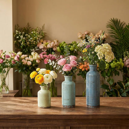 Ceramic Vase Set of 3 with Handles, Green White Neutral Rustic Modern Farmhouse Boho Decor, Versatile as Table Centerpiece or Mantel & Shelf Accent - Unique Home Gift Idea