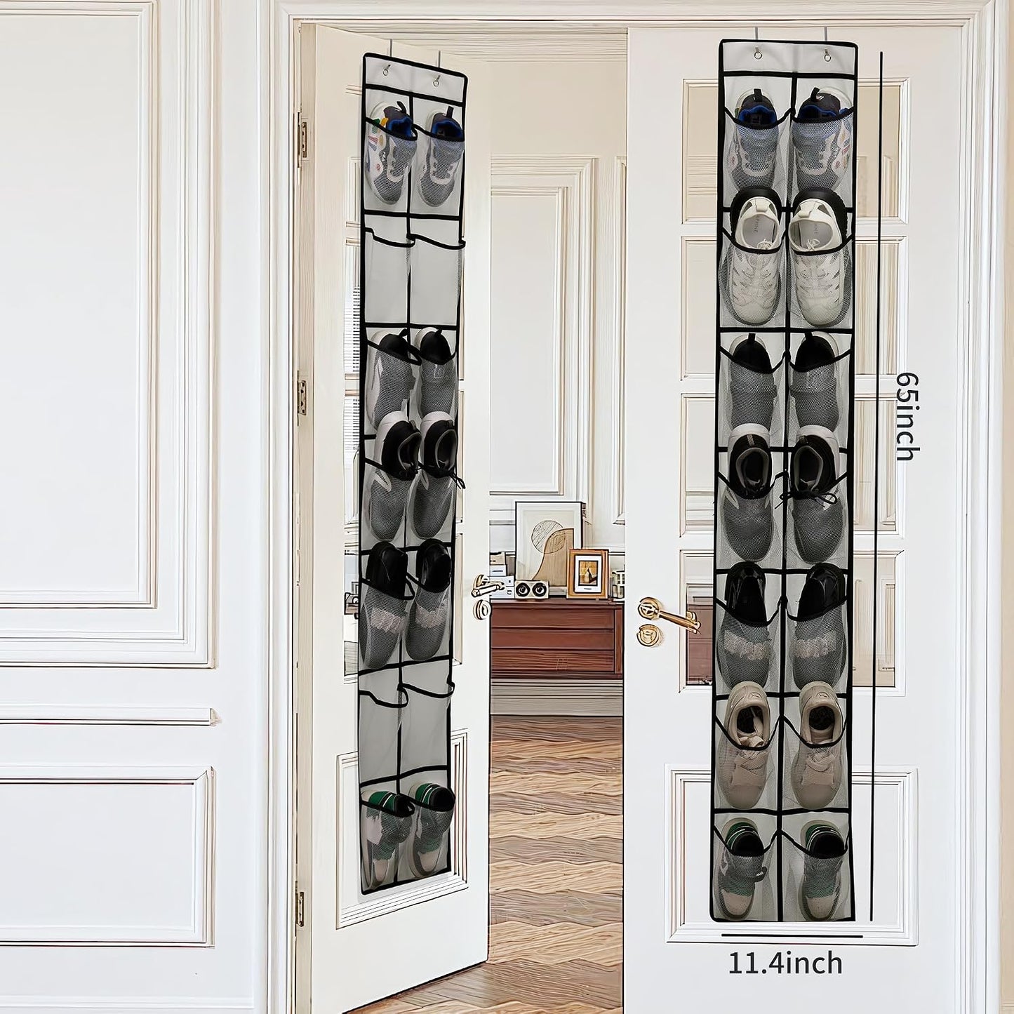 PVWSG Over The Door Shoe Organizer, 14 Large Mesh Pockets Hanging Shoe Rack for Closet Organizers and Storage, White, 2-pack (white)