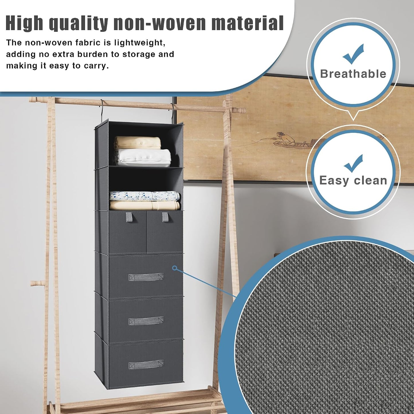 6-Shelf Hanging Closet Organizer with 5 Drawers, Non-Woven Storage, Black | Spacious compartments sort clothes & undergarments; foldable drawers add hidden storage for closets, wardrobes or RVs.
